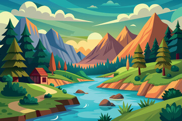 River Landscape  cartoon vector Illustration flat style artwork concept
