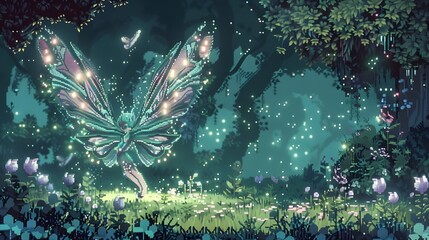 pixel art fairy wandering in the woods - obrazy, fototapety, plakaty