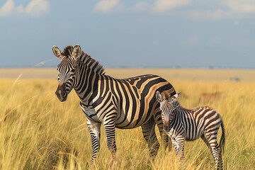 Two zebras graze peacefully in grassy field under a clear sky