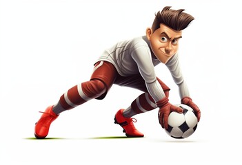 Full body cartoon caricature of a goalkeeper with brown hair in a ponytail, wearing red and white gloves, diving to make the best save during a game against a white background.