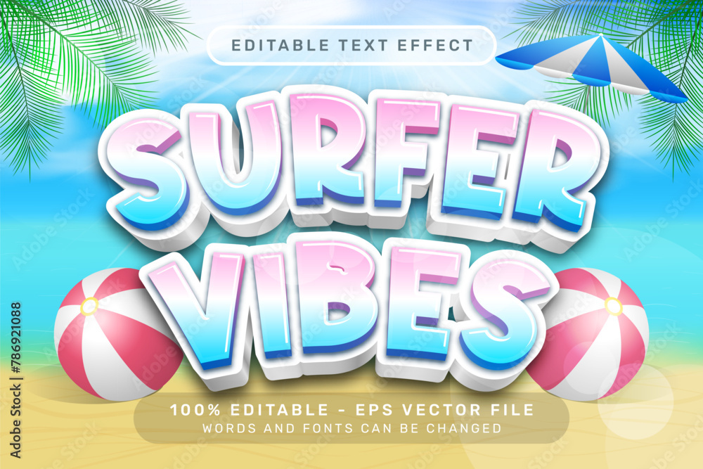 Poster surfer vibes 3d text effect and editable text effect with a beach background