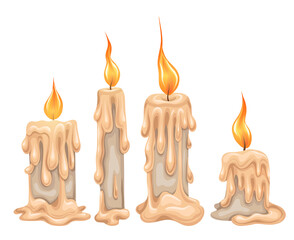 Vector set of cartoon white wax candles with lights. Religion and faith. Collection cliparts of parafin candles isolated from white background for mobile games, condolence letters and invitations