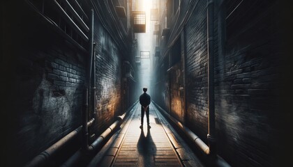 An individual standing in a narrow alley, with the walls leading lines directly to them in the center.