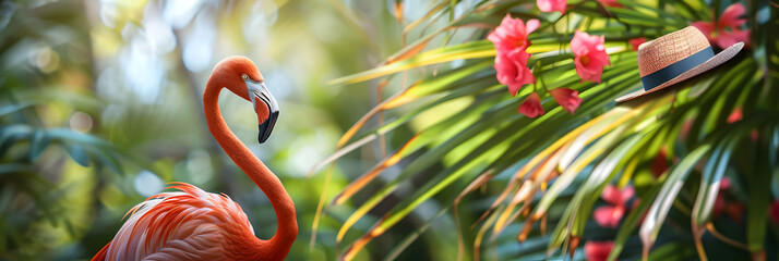 A flamingo wearing a beach hat and sunglasses on a blur background.
