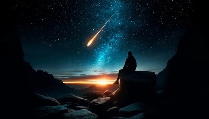 An image of a person's silhouette sitting on a rocky surface at night, gazing up at a meteor streaking across a star-filled sky.