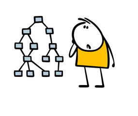 Confused stickman looks at a complex diagram. Vector illustration of a man making up a family tree. Boy is trying to understand the relationship between the chip and the infographic.  - 786921498