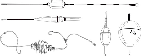 Fishing float bobber feeder vector illustration tackle set. Bait minnow line cork drawing. Silhouette outline. Fisher angler tool. Sharp triple catch sport equipment © Belenova_art