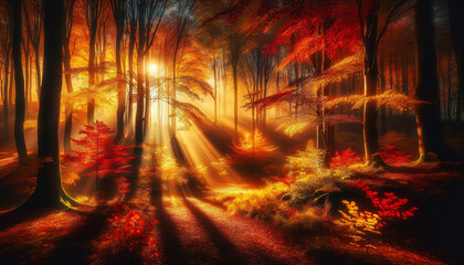 Sunset's Warm Embrace Illuminates a Vivid Autumnal Forest - 786921809