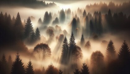 Mysterious Mist Envelops a Mountainous Forest at Dawn - obrazy, fototapety, plakaty