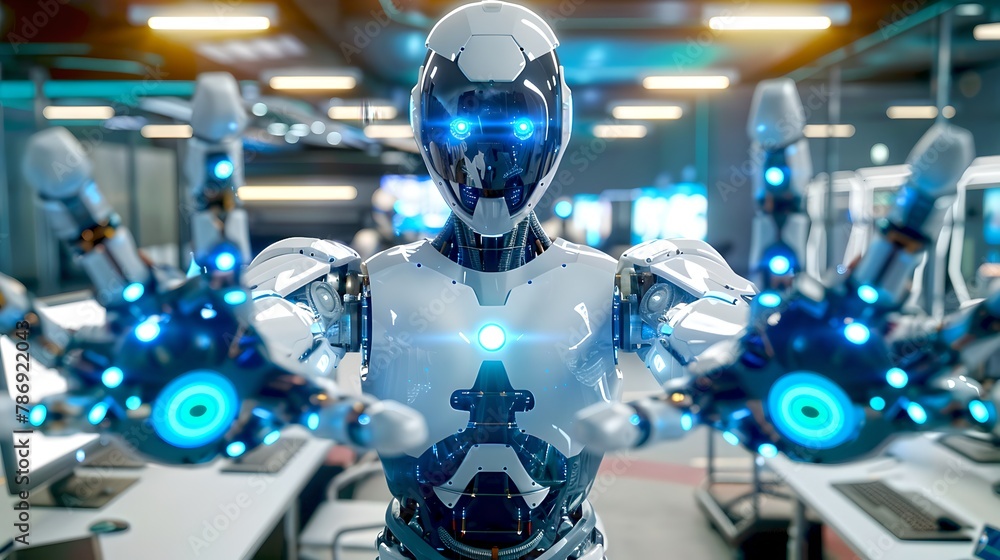 Aufkleber futuristic ai robot in a high-tech laboratory setting. advanced technology, automation conceptualiza