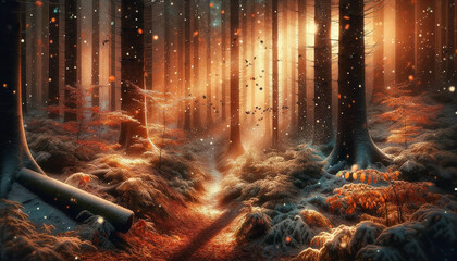Heavenly Sunbeams Pierce the Mist in a Celestial Forest - 786922027