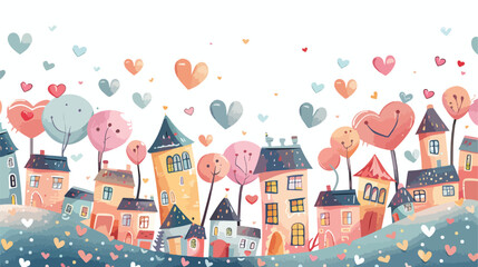 City of love and pink hearts flying in sky vector illustration