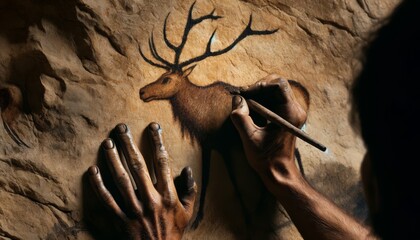 A focused image of a prehistoric hunter’s hands as they carefully paint an elk on the cave surface.