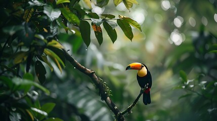 Toucan sitting on the branch in the forest green vegetation Costa Rica. Nature travel in central America. Two Keel-billed Toucan Ramphastos sulfuratus pair of bird with big bill. Wildlife  