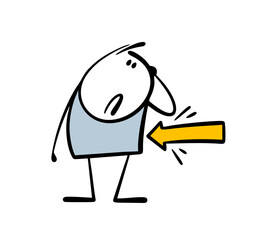 Confused man looks at the yellow arrow. Vector illustration attracting attention, determining the direction. A disgruntled stickman. Isolated doodle stick figure character on white background.