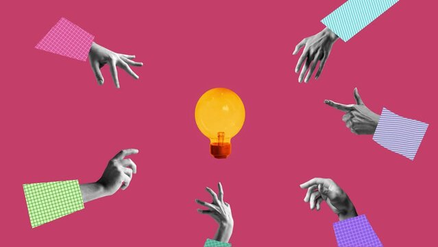 Teamwork and collaboration. Human hands reaching lightbulb symbolizing creative business idea. Stop motion, animation. Concept of business, career, development, teamwork, brainstorming