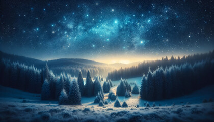 Starry Night Sky Over Snow-Covered Mountains and Pine Trees - 786922413