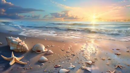 Landscape with shells on tropical beach. Waves approaching sea shells lying on sand during sunset. - obrazy, fototapety, plakaty