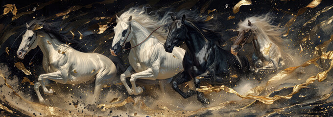 A white and black horse running in the air, closeup, with flowing gold silk around them, with a background wall hanging decoration