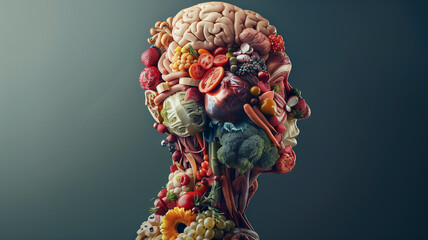 Artistic cross-section of a human, with the internal structure composed of beautifully arranged food elements, minimalist style - obrazy, fototapety, plakaty