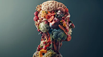 Fotobehang Artistic cross-section of a human, with the internal structure composed of beautifully arranged food elements, minimalist style © praewpailyn