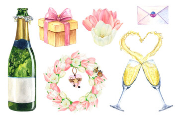 Wedding set watercolor drawing love. Champagne glass heart bottle wreath. Tulips box invitation. Golden sparkling patry valentine goblet celebration