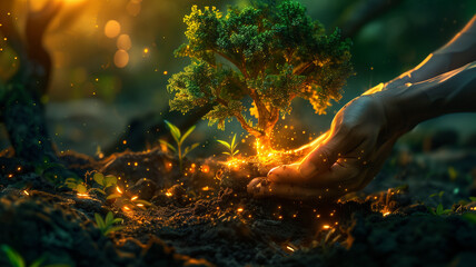 Creative depiction of hands planting photorealistic trees that glow with life, celebrating National Tree Planting Day - obrazy, fototapety, plakaty