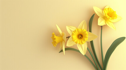 Cute 3D-rendered daffodils on a clean, simple background, designed for Daffodil Day with generous copy space