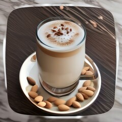 A glass of frothy almond milk latte with latte art2 - obrazy, fototapety, plakaty