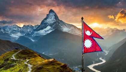 The Flag of Nepal On The Mountain. - obrazy, fototapety, plakaty
