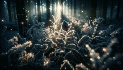 Enchanting Forest Underbrush Frosted in the Winter Morning Light - obrazy, fototapety, plakaty