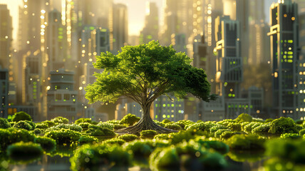 Fantasy forest growing in the heart of a city for National Tree Planting Day, photorealistic trees with a magical twist - obrazy, fototapety, plakaty
