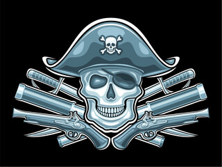 Vector logo for Pirate Skull, monochrome card with illustration of front view skull in old hat and pirate weapons, decorative pirate symbol with art design skull for children party on black background