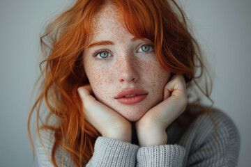 Smiling red hair woman with freckles close up