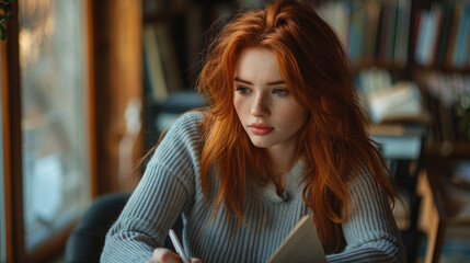 Red hair woman sitting in cafe and writing in notes