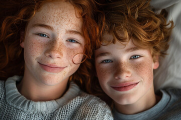 Portrait of two red hair teenagers boy and girl with freckles