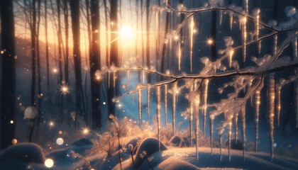 Golden Sunrise Piercing Through the Serene Snowy Forest - 786922833