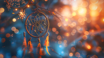 Dream catcher on the bright multicolored background,  Beautiful dreamcatcher on colourful background, An intricate dreamcatcher is suspended before a network of luminous energy lines and nodes - obrazy, fototapety, plakaty