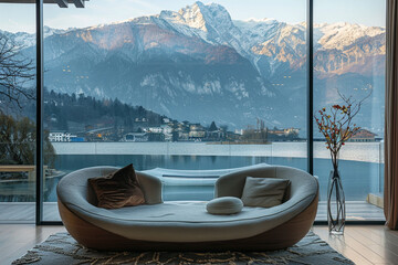 A boat shape beautiful sofa placed with a big glass window with large mountains for behind outside window