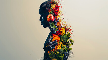 Fototapeta premium Minimalist silhouette of a human cross-section, internally designed with a creative arrangement of food, stylized for modern art