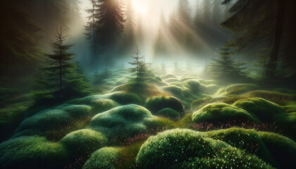 Ethereal Forest Glade Illuminated by Heavenly Rays of Dawn - 786923262
