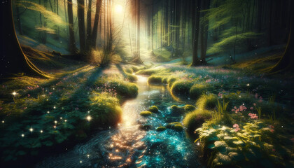 Enchanted Forest Stream Glowing with Life in the Early Morn - 786923413