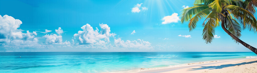 Serene Caribbean sands with vibrant turquoise ocean and palm shadows, spacious skies, excellent for peaceful retreat ads