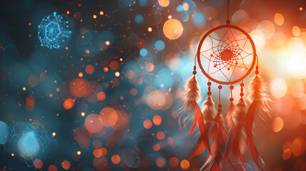 Dream catcher on the bright multicolored background,  Beautiful dreamcatcher on colourful background, An intricate dreamcatcher is suspended before a network of luminous energy lines and nodes - obrazy, fototapety, plakaty
