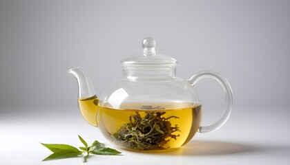 green tea in a beautiful glass pot on white background - obrazy, fototapety, plakaty