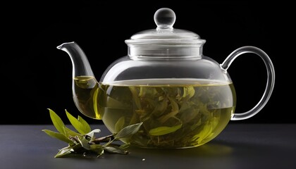 green tea in a beautiful glass pot on black background - obrazy, fototapety, plakaty