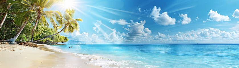 Obraz premium Tropical paradise beach with clear Caribbean waters and sun-drenched palms, spacious layout for summer vacation ads