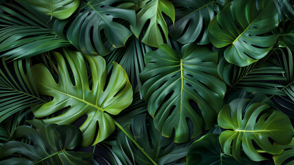 Tropical botanical background featuring palm and monstera leaves, ideal for canvas prints, posters, and home decor, styled for a hot summer day with a pristine design and generous advertising space - obrazy, fototapety, plakaty