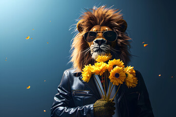 Anthropomorphic hyperrealistic cyberpunk lion animal character wearing sunglasses holding bouquet of yellow flowers on minimal blue background.  - obrazy, fototapety, plakaty