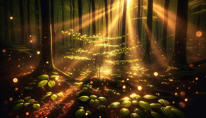 Enchanted Night in the Forest with Fireflies Dancing in the Air - 786923683